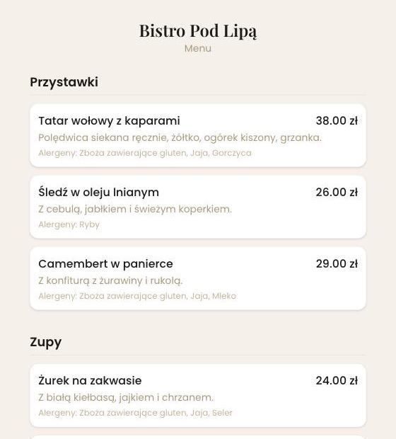 Menu, które widzi gość po zeskanowaniu kodu